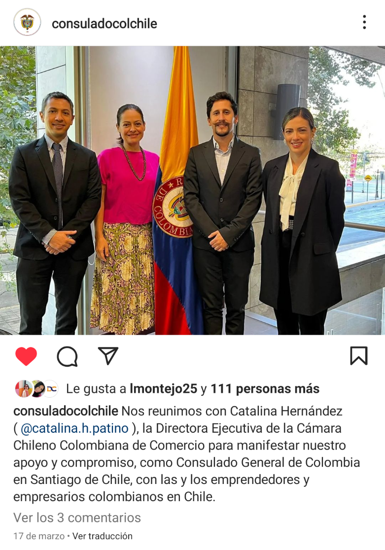 Saludo al nuevo Cónsul de Colombia en Chile Sebastián Guanumen y a Juliana Escudero, multiplicadora de Colombia Nos Une y el Cónsul Camilo Salgado